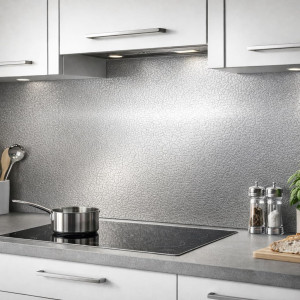 Custom leather texture stainless steel kitchen splashback | John Steel